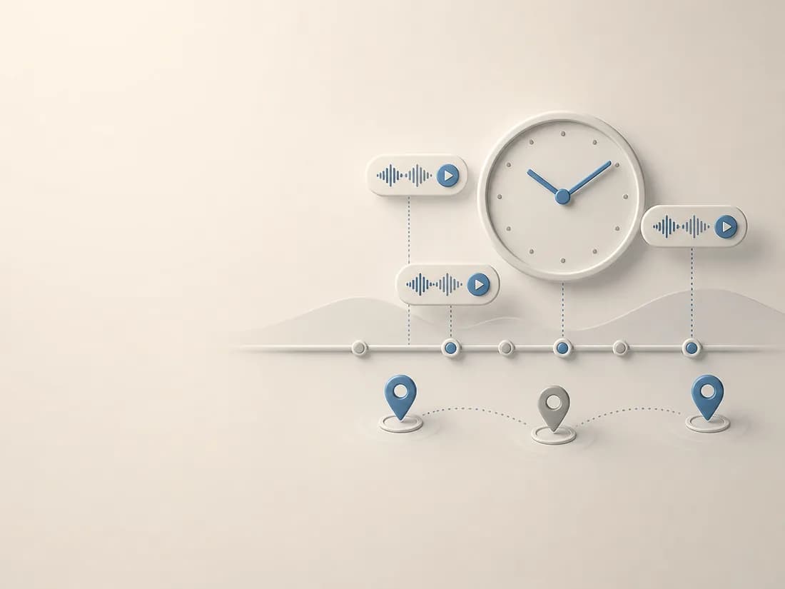 Línea de tiempo con reloj, ondas de audio y ubicaciones